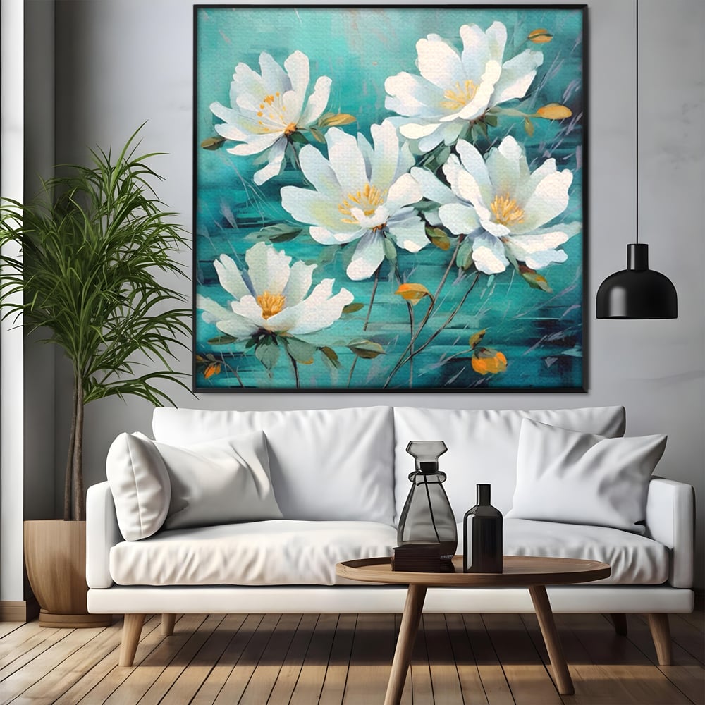 Tablou canvas cu tablou canvas cu flori albe pictate, in rama de aluminiu negru, pe perete intr-un living